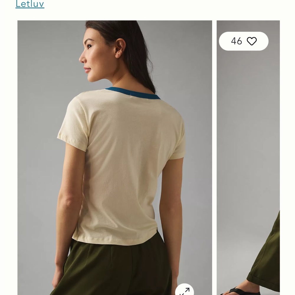 Anthropologie Cream Short Sleeve Tee with Blue Trim